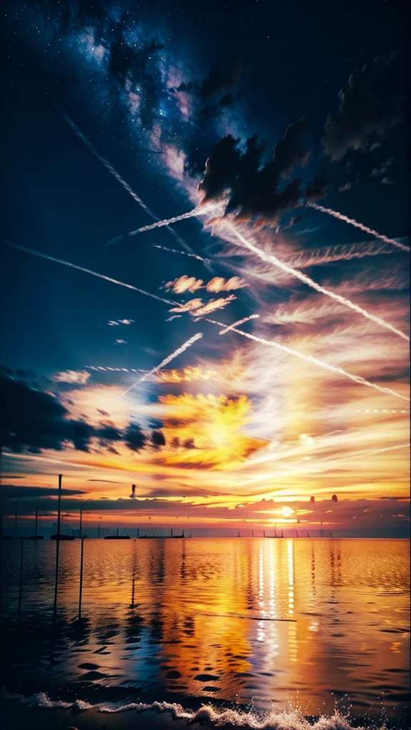 An absolutely mesmerizing sunset on the beach with a mix of orange, red, pink and yellow in the sky. The water is crystal clear, gently kissing the shore, and the sandy beach is endless. The scene is dynamic and breathtaking, with seagulls soaring high in the air and palm trees gently swaying. Immerse yourself in the calm atmosphere and let the tranquil surroundings surround you.spotlight, dark theme, starry,strry light,night,colorful,cloud,star \(sky\),