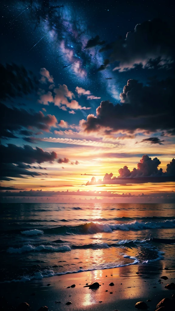 An absolutely mesmerizing sunset on the beach with a mix of orange, red, pink and yellow in the sky. The water is crystal clear, gently kissing the shore, and the sandy beach is endless. The scene is dynamic and breathtaking, with seagulls soaring high in the air and palm trees gently swaying. Immerse yourself in the calm atmosphere and let the tranquil surroundings surround you.spotlight, dark theme, starry,strry light,night,colorful,cloud,star \(sky\),