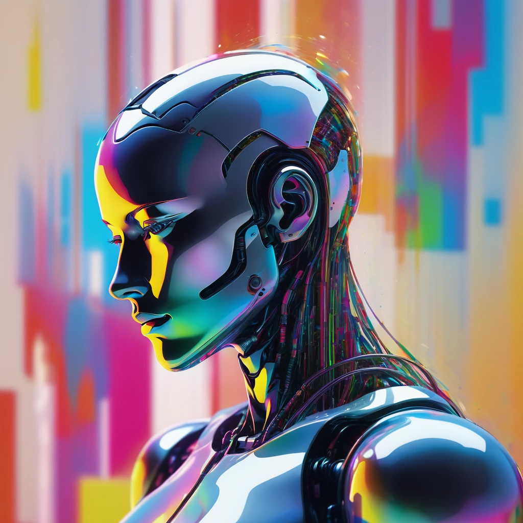 The artwork robotic human figure in detail, against a bright background that is partially obscured by glitch effects. The figure's head is tilted slightly to the side, as if lost in contemplation. The image highlights the ral-glydch technique through the use of glitch effects, which create a sense of