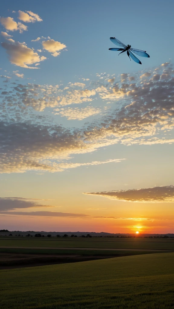 There is a beautiful dragonfly and a gentle breeze is blowing. Evening sunset landscape with no people