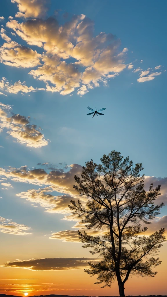 There is a beautiful dragonfly and a gentle breeze is blowing. Evening sunset landscape with no people