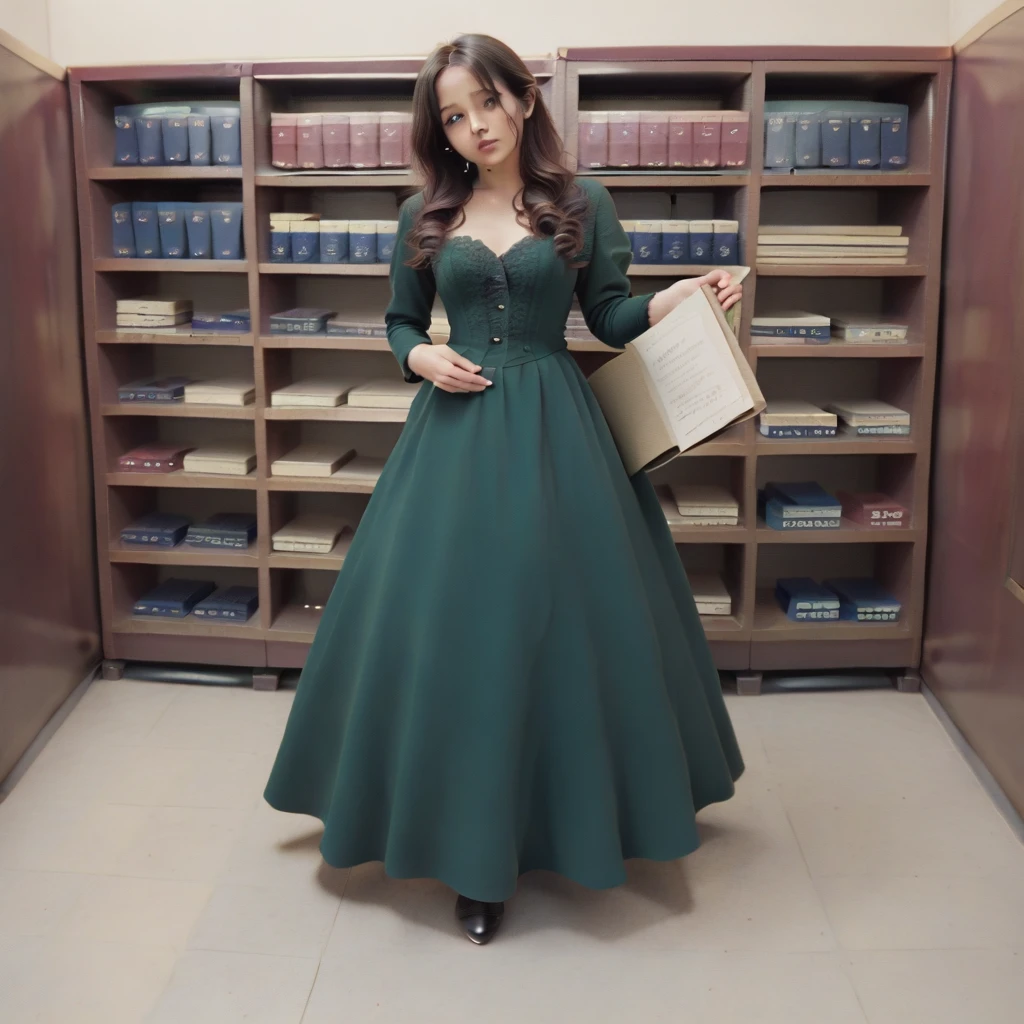 8K, masterpiece, highly detailed,
1girl wearing an emerald green (victorian dress), black hair, ringlets, green eyes,
full body, head tilt, holding a book, library, black lace、Big tits beauty、