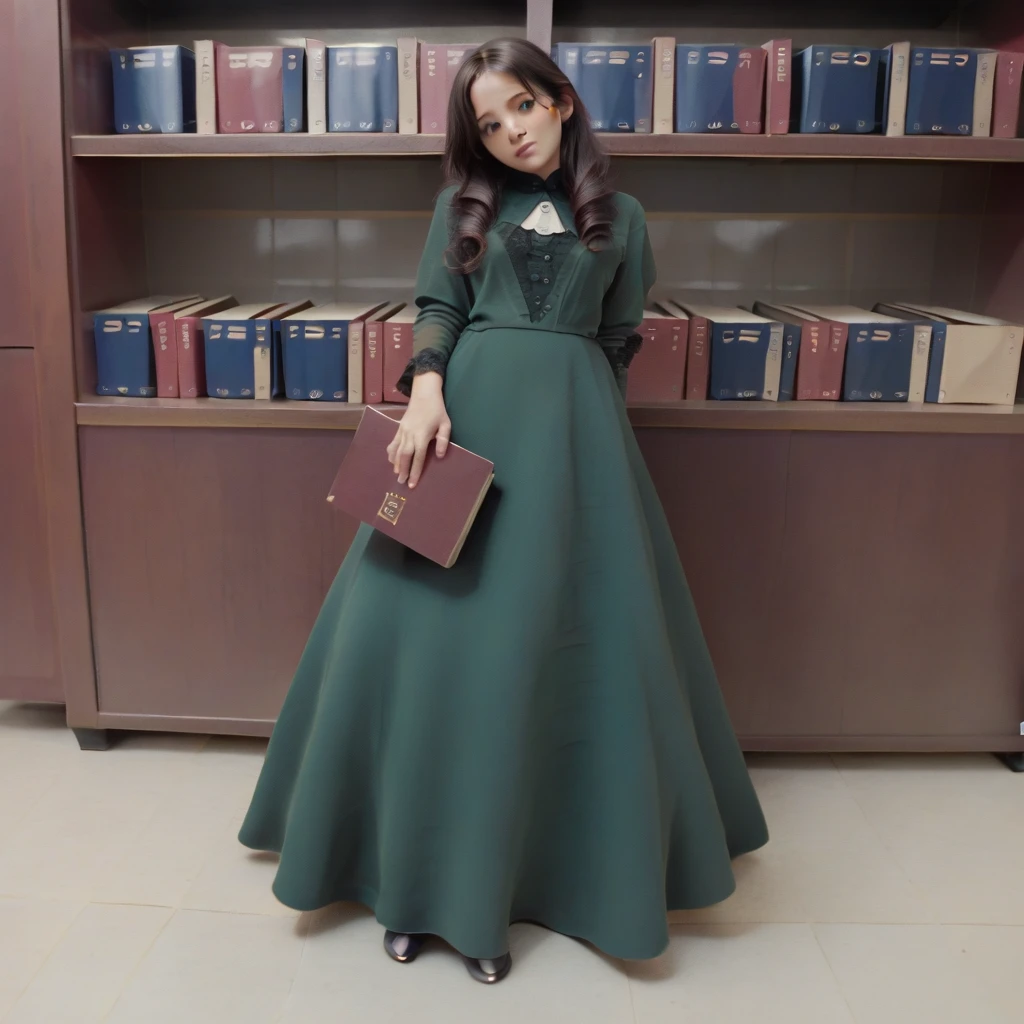 8K, masterpiece, highly detailed,
1girl wearing an emerald green (victorian dress), black hair, ringlets, green eyes,
full body, head tilt, holding a book, library, black lace、Big tits beauty、