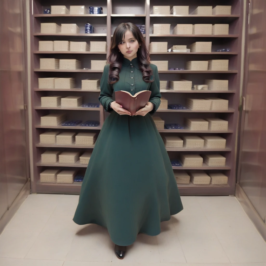 8K, masterpiece, highly detailed,
1girl wearing an emerald green (victorian dress), black hair, ringlets, green eyes,
full body, head tilt, holding a book, library, black lace、Big tits beauty、