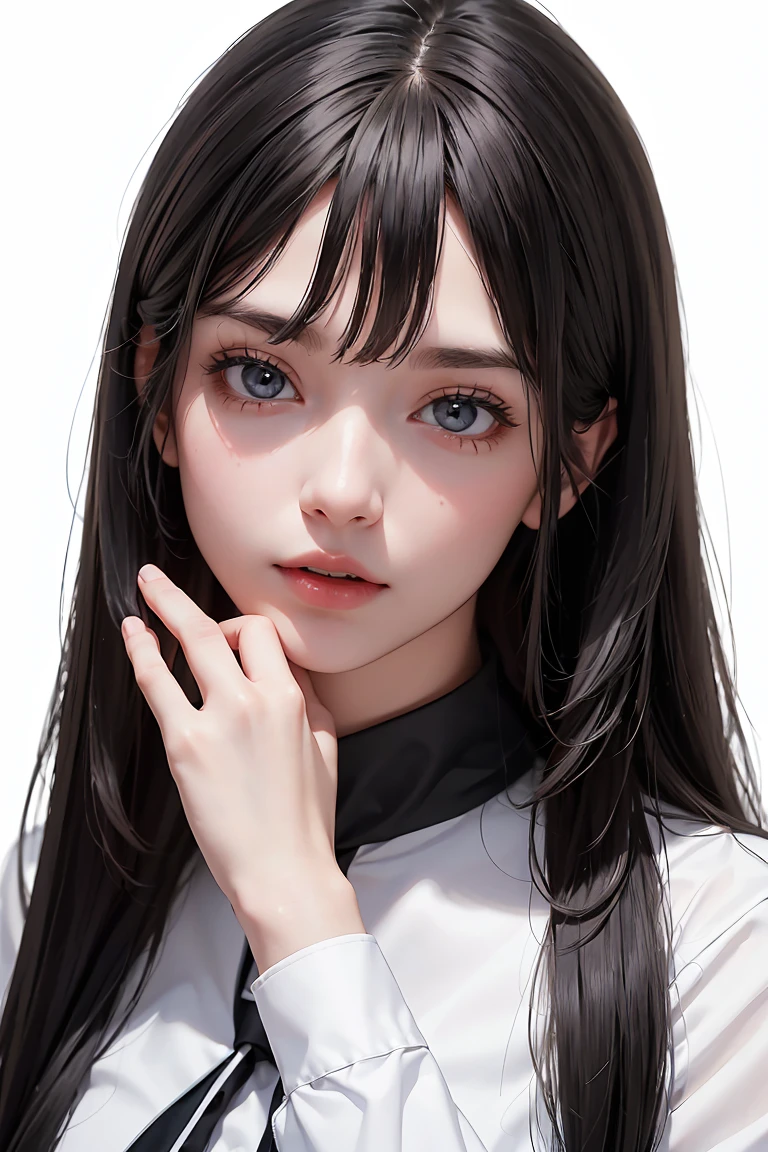 a cut girl with long hair, wearing school uniform, full-body, white background, clean background, full body shot:1.2, Detailed face, detailed eyes, detailed nose, detailed mouth,((UHD,masterpiece,super detail,award winning:1.4,best quality:1.2,highres,high quality))