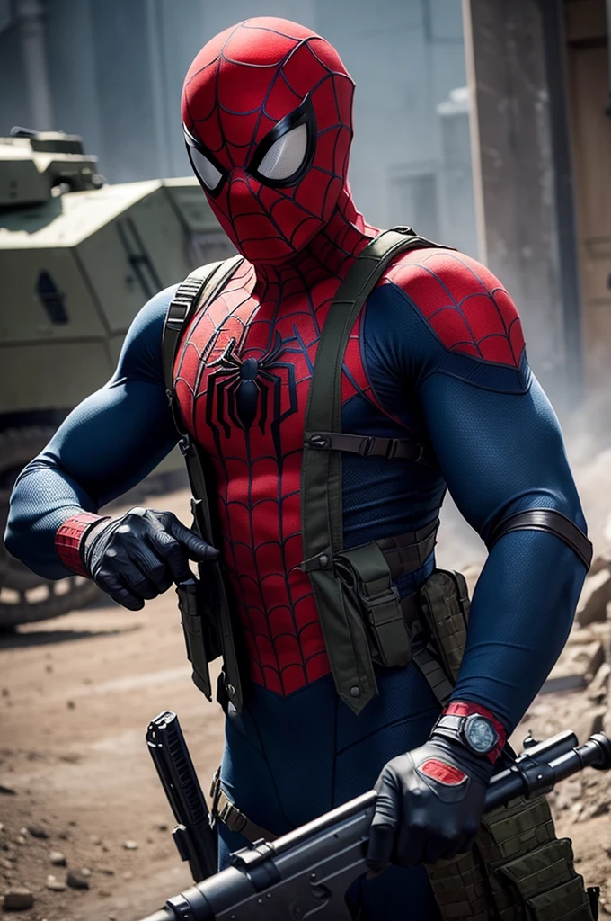Make me the most military Spider-Man with a vest and weapon in the middle of a war scenario, but without the helmet but with the mask