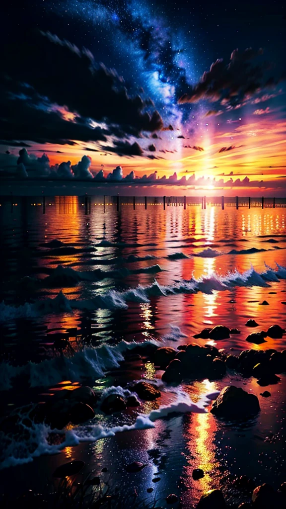 An absolutely mesmerizing sunset on the beach with a mix of orange, red, pink and yellow in the sky. The water is crystal clear, gently kissing the shore, and the sandy beach is endless. The scene is dynamic and breathtaking, with seagulls soaring high in the air and palm trees gently swaying. Immerse yourself in the calm atmosphere and let the tranquil surroundings surround you.spotlight, dark theme, starry,strry light,night,colorful,cloud,star \(sky\),
