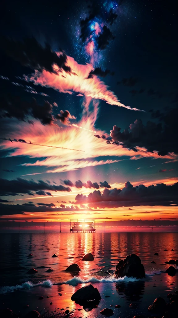 An absolutely mesmerizing sunset on the beach with a mix of orange, red, pink and yellow in the sky. The water is crystal clear, gently kissing the shore, and the sandy beach is endless. The scene is dynamic and breathtaking, with seagulls soaring high in the air and palm trees gently swaying. Immerse yourself in the calm atmosphere and let the tranquil surroundings surround you.spotlight, dark theme, starry,strry light,night,colorful,cloud,star \(sky\),