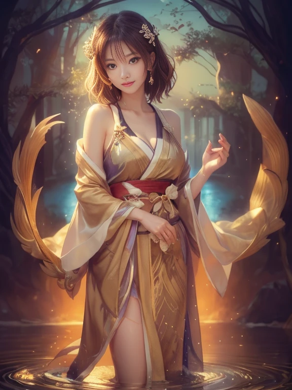 masterpiece , Highest quality,smile,smile,Small face, shoulders,Golden kimono,Exposing a little cleavage,Double Eyes,beauty,beauty,beautiful girl,Stand firmly on both feet,charm,Adult,Lure,Big eyes,Light brown hair,mysterious世界,Water God殿,,Water God,Water World,Mythical God,水色のmysterious雰囲気,There is a water source nearby,水色のmysterious背景,Gorgeous curly hair,Slim figure,Brown eyes,Faithfully reproduced contrast,short hair,美しいshort hair,Berry Short,short hair,Just one,Precision quality,Faithfully reproduces the human eye,水色のmysterious雰囲気,水色のmysterious背景,Beautiful details, colorful, Subtle details, Delicate lips, Intricate details, Genuine, ultrarGenuineista, mature, Eyes Wide Open, Beautiful digital art of a fox,Shrine maiden,Exquisite digital illustrations, mizutsune,pixivデジタLureト, Dazzling Light, High Contrast, mysterious,Take the center,View your audience