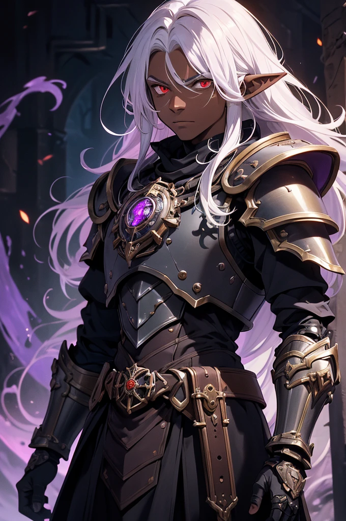 masterpiece, best quality, ultra high res, dark theme, 1boy, (dungeonpunk armor), (mechanical steampunk armor), (wearing armor)fantasy illustration, dark skinned, human, upper body, portrait, red eyes, long white hair, half-drow, pointy ears, serious face, young man, dramatic lighting, purple hue, art by Kinema Citrus