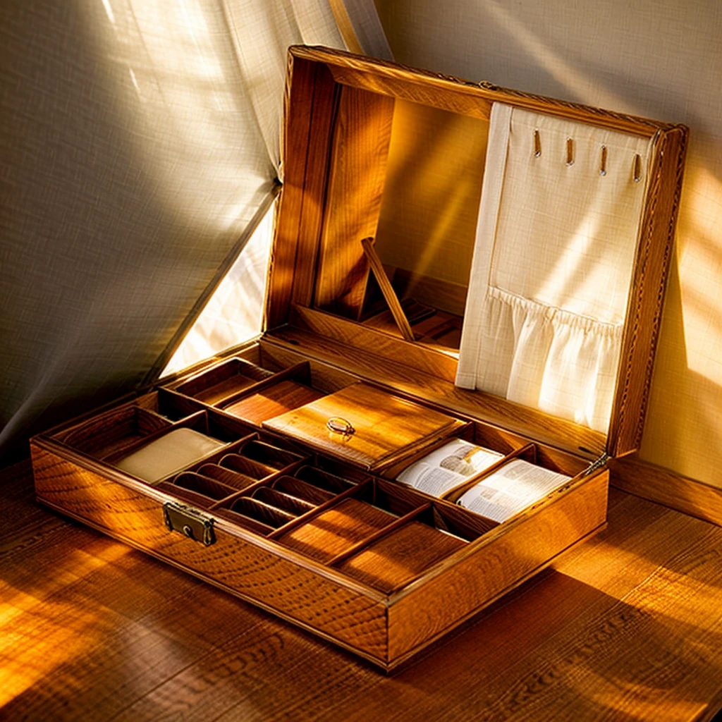 In this cozy room,A ray of sunlight shone through the half-drawn curtains on the table,Let the wood grain on the watch storage box shine with a faint luster。There was a calm and peaceful atmosphere in the air around them。There are several still lifes hanging on the walls of the room,It adds a touch of elegance to the space。And on the other side of the room,The half-open window lets in the breeze,The pages on the small desk by the window turned in the wind,This quiet scene gives a sense of tranquility and comfort。