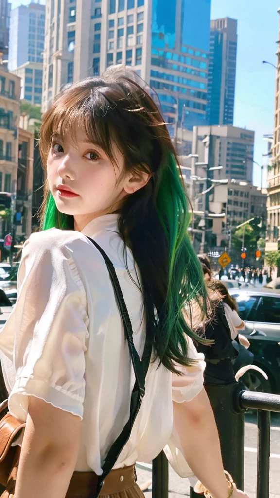 (Masterpiece), (Best Quality), (Super Detail), (disheveled Hair), (Illustration), (One Girl), (Fashionable Clothes), Standing, Fashion Model, Beholder, (Interview), (City Background), Finely Beautiful Eyes, Delicate Beautiful Face, Floating, (High Saturation), (Colorful Splash), Colorful Bubble, (Shine), Focus on the Face, Ponytail, Green Hair, Bangs, Hair Rings, Sweaty, Best Lighting, Best Shadows