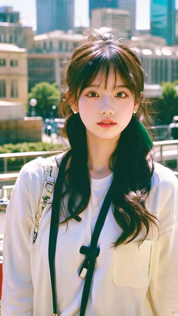 (Masterpiece), (Best Quality), (Super Detail), (disheveled Hair), (Illustration), (One Girl), (Fashionable Clothes), Standing, Fashion Model, Beholder, (Interview), (City Background), Finely Beautiful Eyes, Delicate Beautiful Face, Floating, (High Saturation), (Colorful Splash), Colorful Bubble, (Shine), Focus on the Face, Ponytail, Green Hair, Bangs, Hair Rings, Sweaty, Best Lighting, Best Shadows