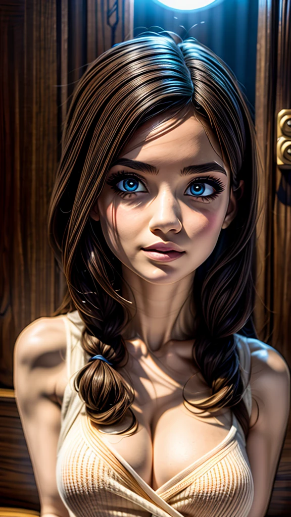 a girl being sucked into a mimic box, highly detailed, realistic, photorealistic, beautiful detailed eyes, beautiful detailed lips, extremely detailed face, long eyelashes, elegant dress, fantasy, surreal, cinematic lighting, dramatic colors, epic scale, award winning digital art