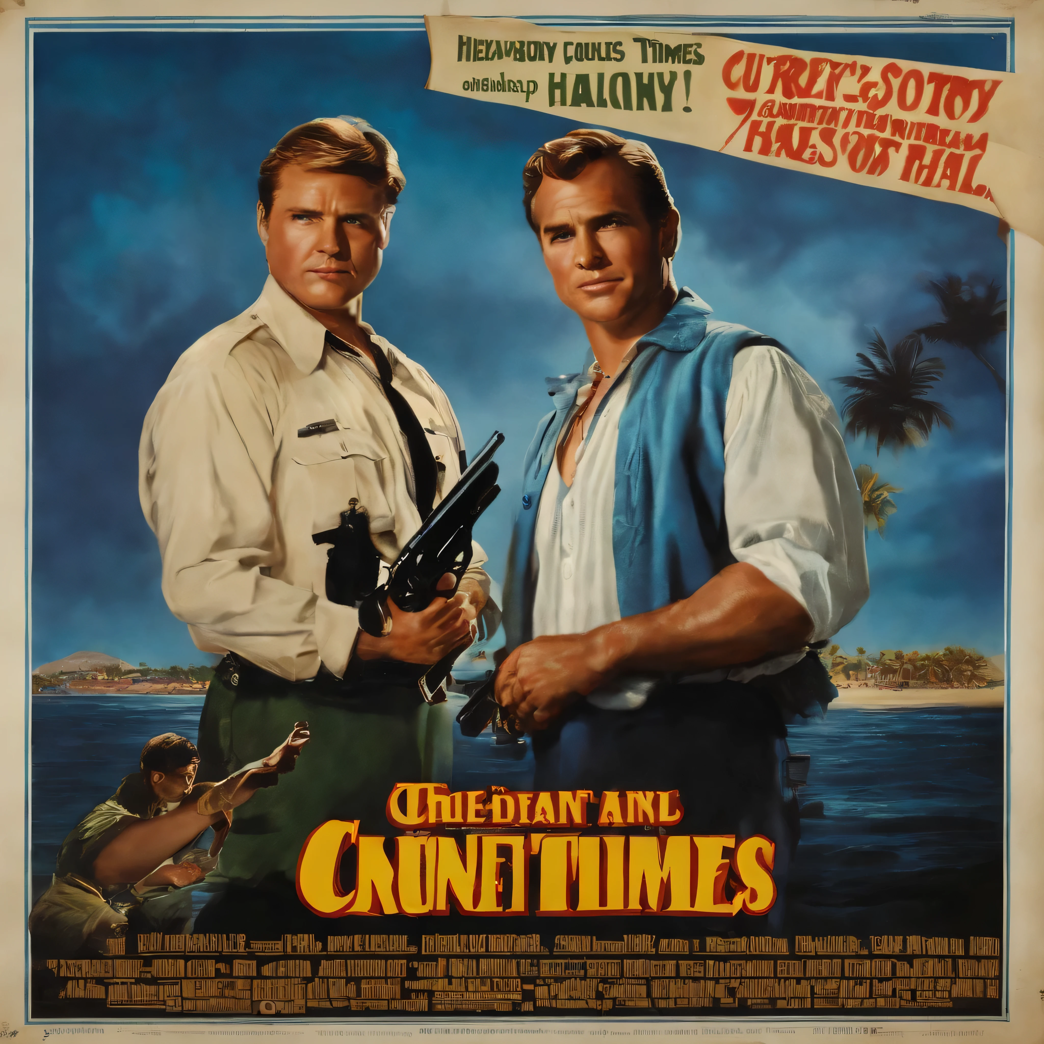 Make a poster for a movie called Current Times 2, The story tour of the second movie was about three thieves with Hawaiian shirts. Now in current times 2 one of them is in prison, could you put on the prisoner uniform, a man in a Hawaiian shirt seen from the back with a gun and a backpack, a man in a hospital and the name