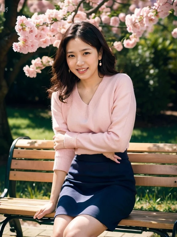 (RAW Photos:1.2), (Realistic:1.4),Beautiful detailed woman,非常にfine grainと顔, fine grain, Very detailed,High resolution, Highest quality,8k wallpaper,masterpiece,Highest quality,1 female,alone,rich,Whole Body Ezbian,(A little thick:0.9),Toned figure,,Tight waist,alone,(Purple V-neck knit,No sleeve、mini skirt,High heels),Pearl Earrings,One-length curly hair,A kind smile,A dignified atmosphere,black eye,Realistic,Park bench、Cherry Blossom,(((sweat, blush, open mouth)))