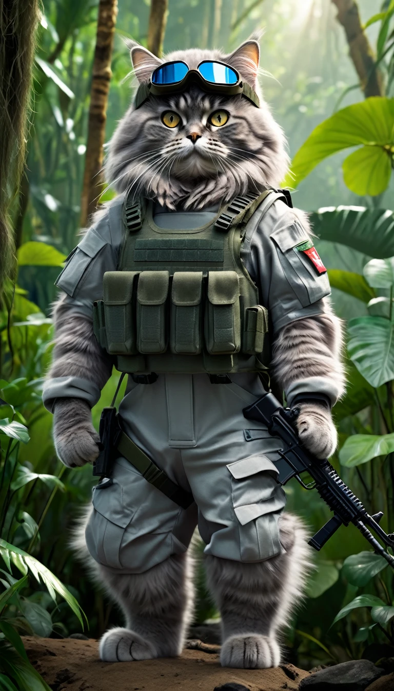 Standing on its hind legs, a gray Siberian cat in the special forces style, armed with an M4A1, wearing a helmet, goggles, carefully observes in the jungle and gives the command to go to the front. Cinematic quality, Still from the film. Hyper-realistic. Bright colors of nature.