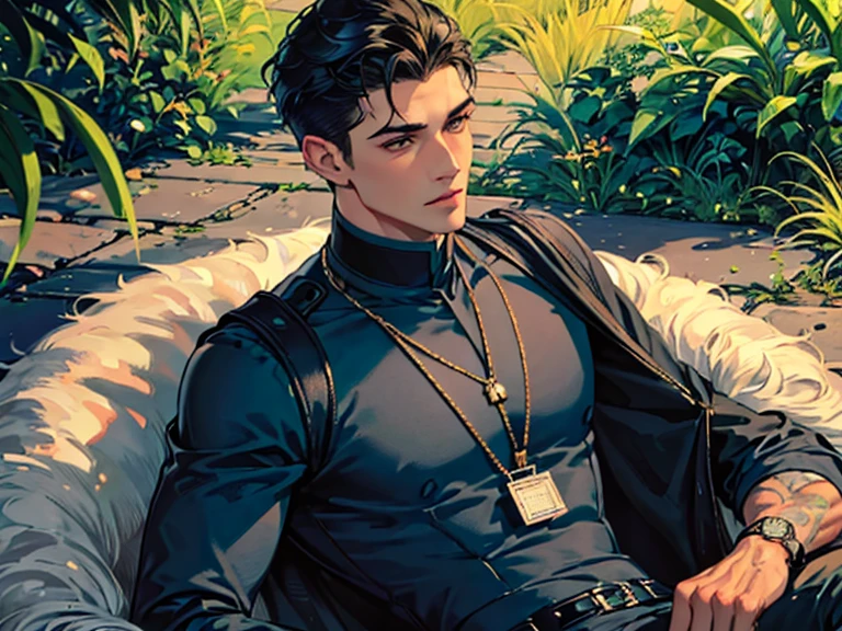 Close-up Quality (masterpiece1.2), (Best quality), (Intricate details)Male, 6'5, white, built, has big veiny hands. Tattoos that cover his neck, chest, arms, and back. has well-trimmed facial hair, tan from the sun, groomed body hair on his arms, and chest leading to a happy trail, Black hair that is short at the sides, longer at the top, Well-kept, Handsome, thin lips, sharp, defined, square jaw. Dimples, slightly crooked nose. Green eyes with hints of gold in the center. long eyelashes. Wearing blue jeans, black button up, dog tags, black leather riding boots