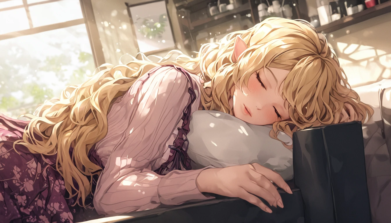 Digitally created illustration of an adult elf woman sleeping with her eyes closed on a sofa in a sunny coffee shop、She is wearing a silk dress with lace and frills、The Shiba Inu needs to sleep curled up next to her.、Relaxed facial expression、Long, loosely wavy blonde hair、Dappled sunlight coming through the window、The soft morning light shines in、Calm atmosphere、Detailed and clear drawing、Warm and gentle colors、Drawing from a top-down perspective、Japanese animation style、