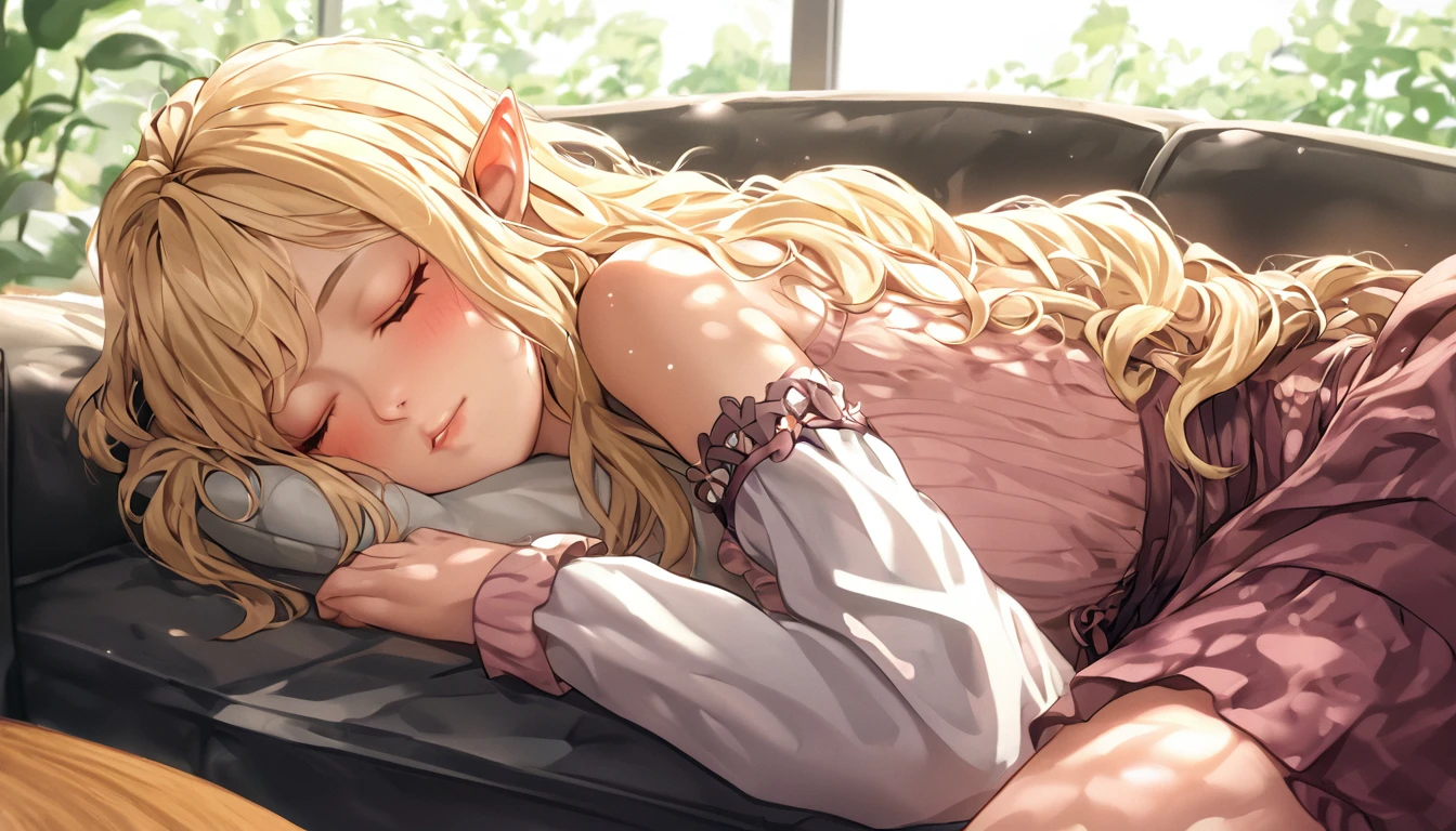 Digitally created illustration of an adult elf woman sleeping with her eyes closed on a sofa in a sunny coffee shop、She is wearing a silk dress with lace and frills、The Shiba Inu needs to sleep curled up next to her.、Relaxed facial expression、Long, loosely wavy blonde hair、Dappled sunlight coming through the window、The soft morning light shines in、Calm atmosphere、Detailed and clear drawing、Warm and gentle colors、Drawing from a top-down perspective、Japanese animation style、