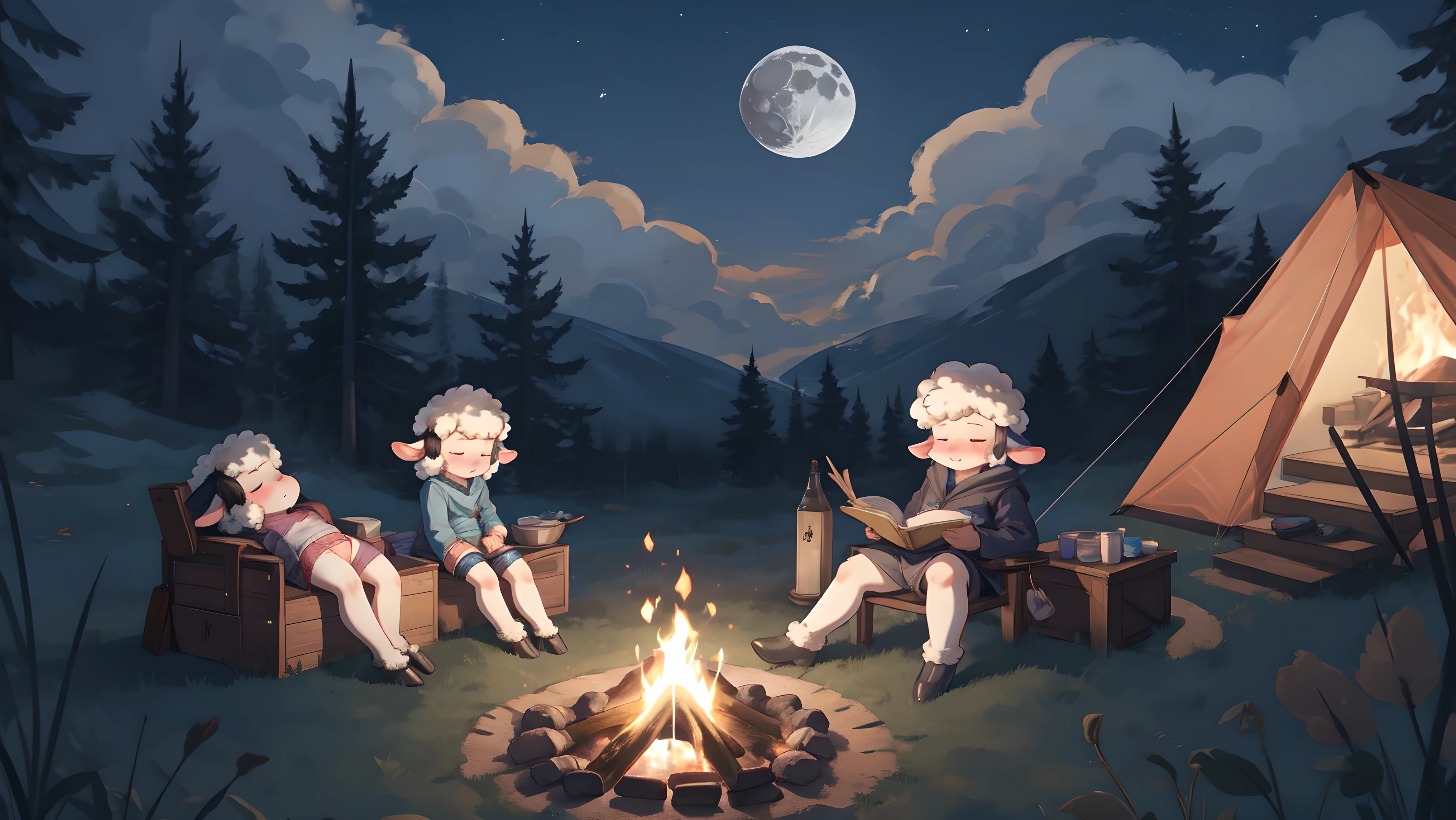 Young girl, sheep, pussy, pussy juice, panties pulled down, gaping pussy, cum, sleeping, in the forest, campfire, tent on the background, night, moon, party, blush