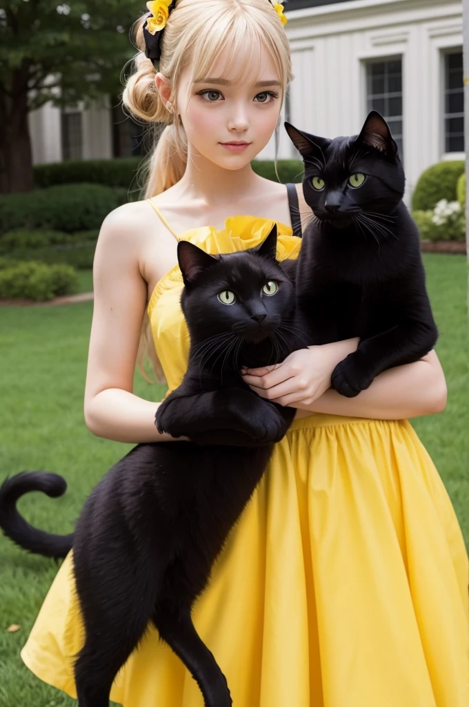 A pretty girl in a dress holding and petting a black cat with yellow