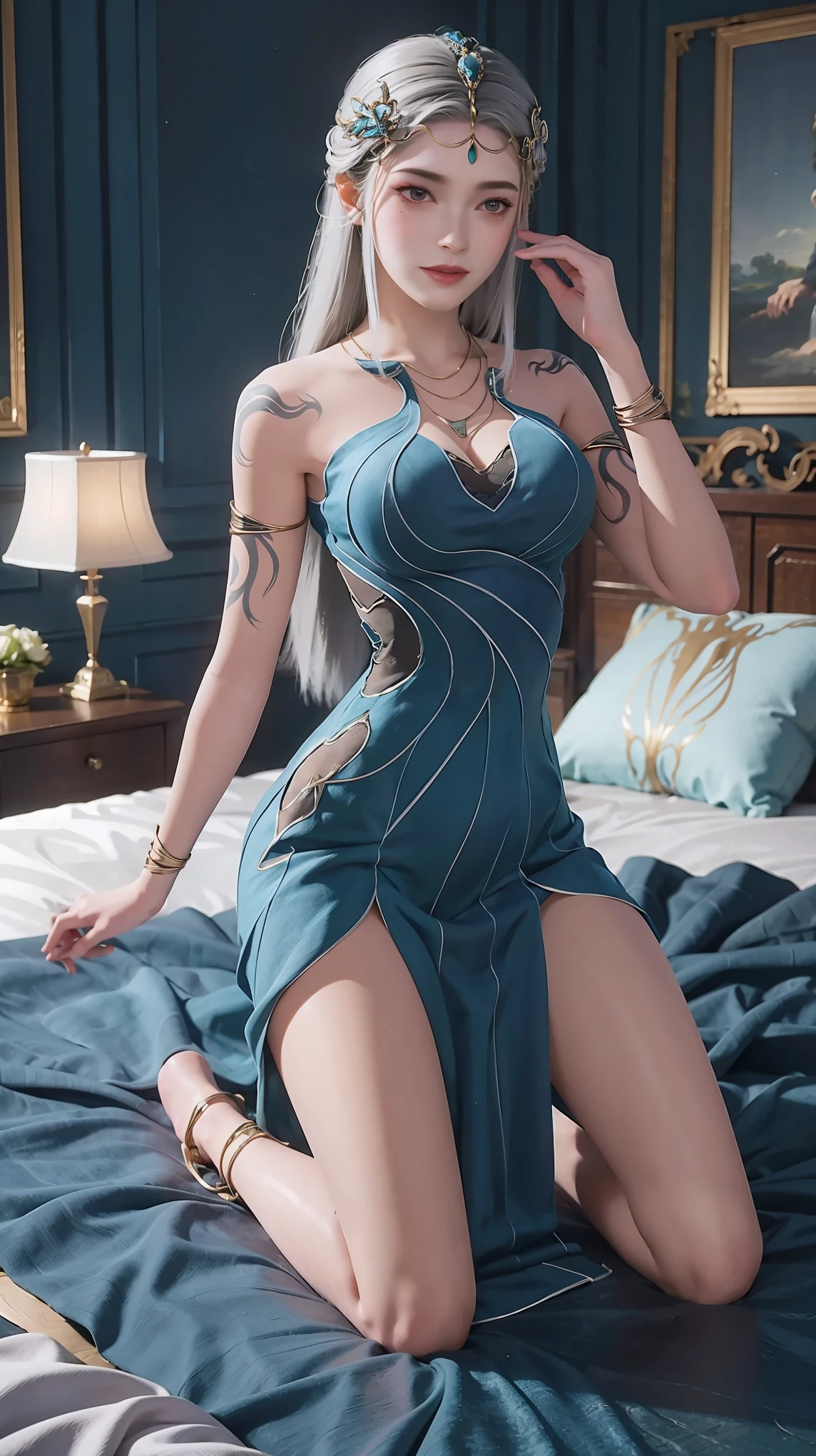 A beautiful mature woman, a masterpiece, the ultimate solution, soft, extremely vibrant colors, (a dress school uniform), lace dress, (decapitated beautiful woman), normal pose, (kneeling), kneeling on the bed, shackles, decapitation, collar, normal pose