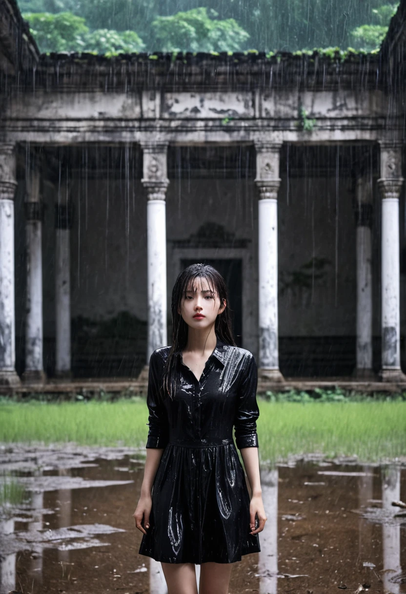 (best quality, masterpiece),( Dark sky, Heavy rain, Inside an abandoned temple, Low water level, ), Realistic background, 2112, Light*_Black_particle,1girl