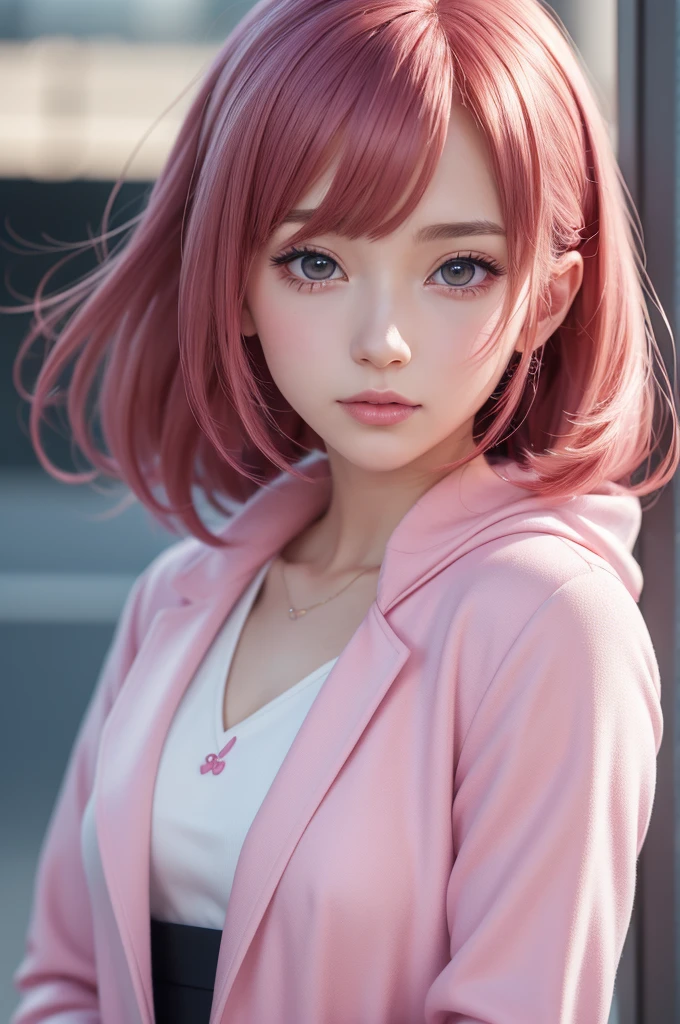 Cool women、sexy、Center of chest、Rize from Chainsaw Man、beauty、Yandere、、Face close-up、Chest tattoo、suit、necklace、(look up)、(Pink Hair)、).((Save face image))、((Daytime Town)).