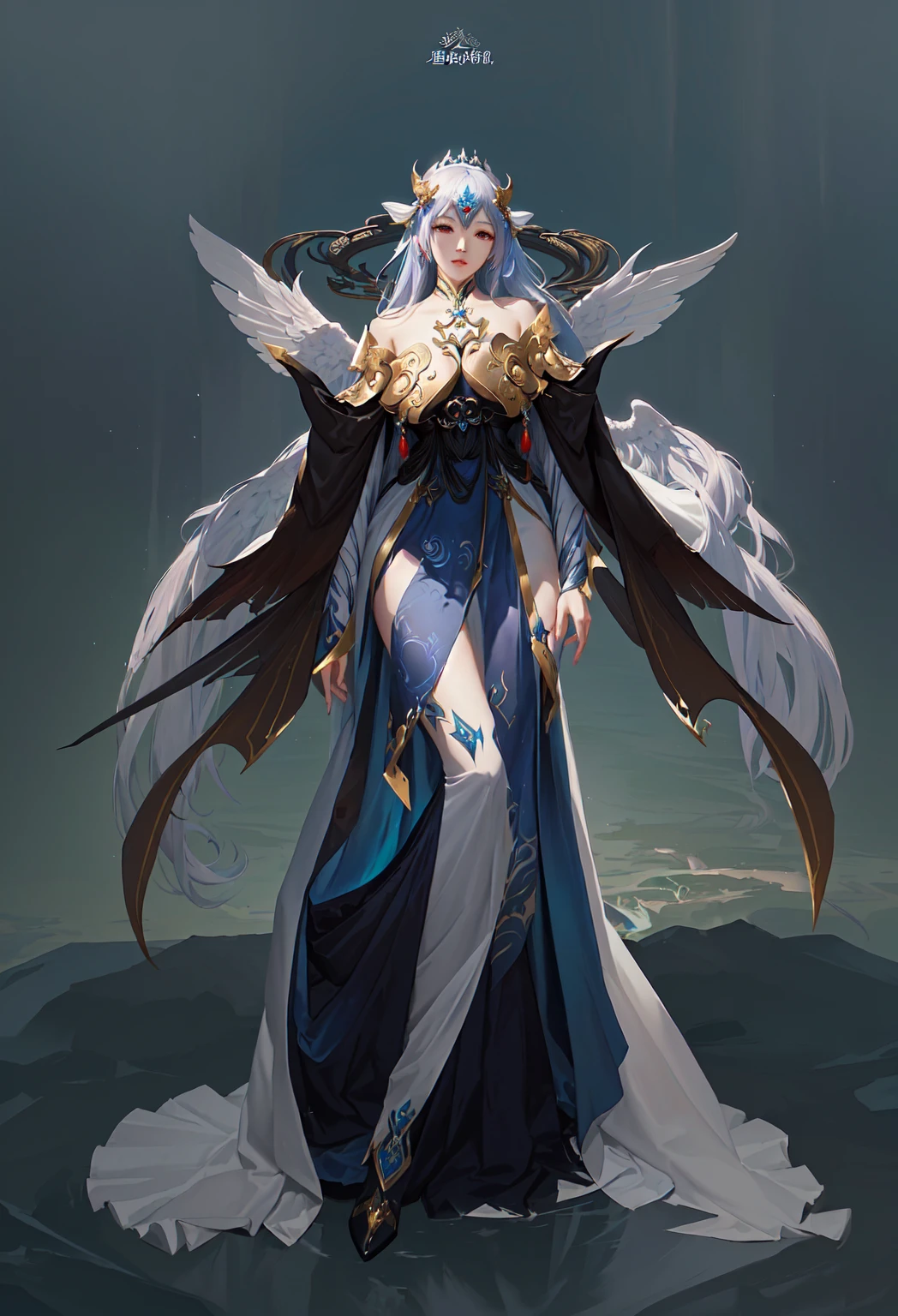 Close-up of woman in long dress with wings, Epic and beautiful character art, Beautiful full body concept art, feng zhu concept art, A complete portrait of an elementalist, Onmyoji detailed art, Dark Witch Panorama, The Queen of Change, author：Yang J, Full body fairy, Demon&#39;s Souls concept art, Stunning character art