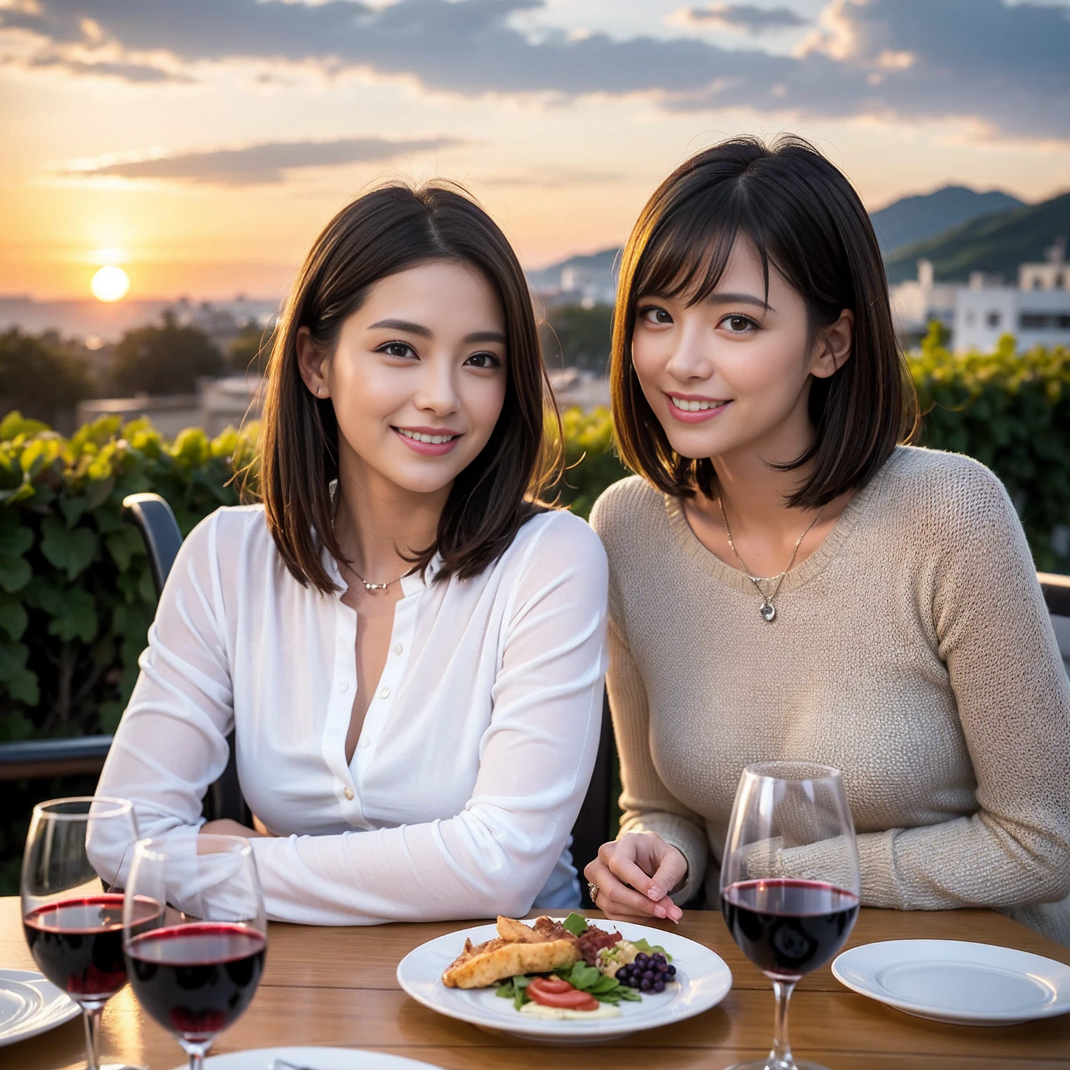 ((Highest quality、8K、masterpiece:1.3))、 (Ultra-realistic、 Genuine、Bright image、Intricate details:1.2), 最高のsmile、1 male 1 female、Beautiful couple、love love love、Lover in Sapporo、Good friends、actress couple、smile、Full-course dinner at a packed table、 (Slim face), (the body is slim), (Brown Hair), (short hair), テーブルのwine glass、Please shine a light on my face、 Amazing view of the sunset sky and clouds、 years old 39 years old, red wine 、Appetizers、Wine bottle、sparkling wine、Long sleeve shirt、dress、White wine, red wine, wine glass,