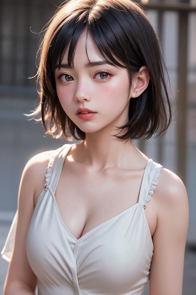 (1 nogizaka girl,raw photo,photo realistic:1.5),(best quality, high quality,HDR, highest quality,ultra high resolution,high resolution,high res,ultra high difinition,huge file size,8K,2K wallpaper,8K wallpaper,high quality texture,amazing,an extremely delicate:1.4),one girl, Japanese famous idol,beautiful face,small face,absurd,ridiculous,incredibly ridiculous,blurry background,(sundress,short hair,cleavage,no makeup:1.2),medium skin,beautiful skin,detailed skin,black hair,silky hair,detailed eyes,black eyes,Japanese nose,5-fingers,(Light Particles, Lens Flare, Luminous Particles: 0.7),looking at viewer,bright lighting,professional lighting,girl