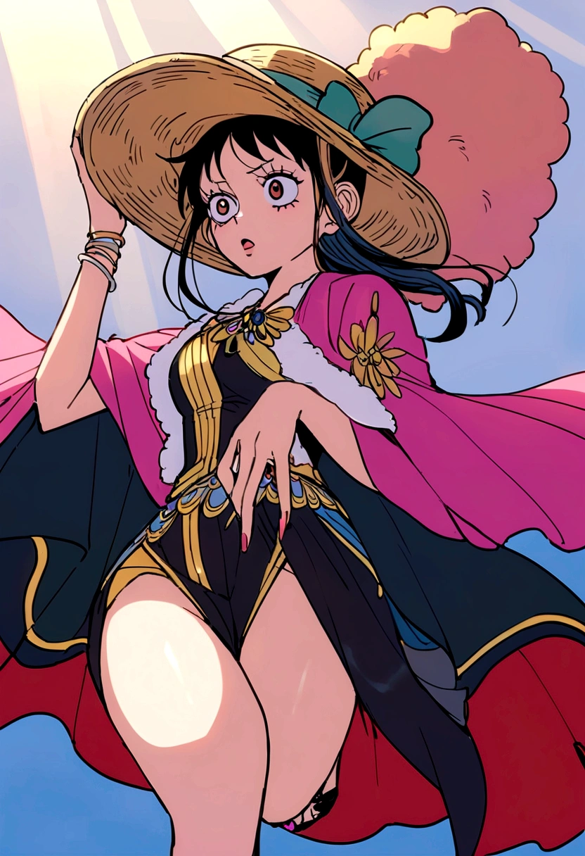 "(masterpiece:1.1), best quality,
1girl, (80s anime style:1.3), (eyelashes:1.5), (:1.2),
(intricate high detailed body:1.2),
(black hair:1.1), (forehead, parted bangs, hairclip:1.1), (ponytail:1.1), (crown:1.2),
purple eyes, (lip stick:1.3),
(curvy body:1.1), (small breasts:1.1),
(expressionless:1.2), open mouth,
(golden embroidery leotard armor, corset:1.2), (pantyhose:1.2),
(knight armor, armored boots:1.2), (fur:1.1), (hoop earrings:1.1), necklace,
standing, crossed arms,
(upper body, cowboy shot, looking at viewer, from front:1.1),
(daytime, grassland, outdoors:1.1)"