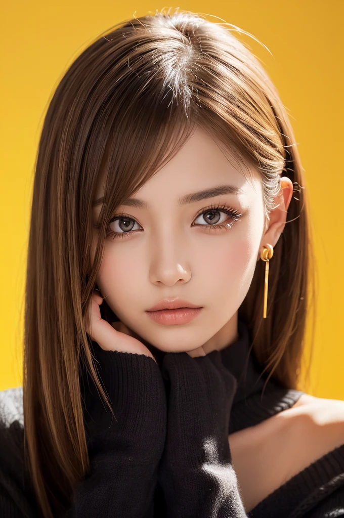 Create a highly detailed portrait of a young woman with long, straight blonde hair, set against a bright yellow background. The woman has large, expressive amber eyes with subtle, natural makeup. She wears a black and yellow sweater, with her hand resting gently against her cheek, creating a thoughtful and slightly pensive expression. Her ears are adorned with multiple piercings, adding a touch of edginess to her look. The overall composition is clean and minimalistic, with the vibrant yellow background enhancing the contrast and drawing attention to the subject’s delicate features. The lighting is soft, casting gentle shadows that add depth and dimension to the portrait.