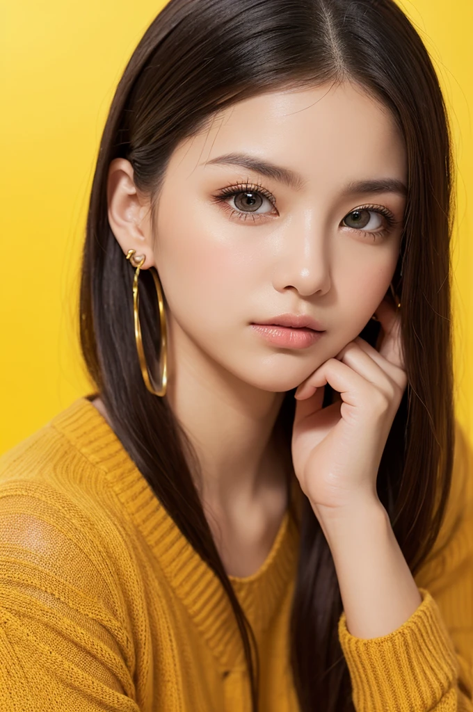Create a highly detailed portrait of a young woman with long, straight blonde hair, set against a bright yellow background. The woman has large, expressive amber eyes with subtle, natural makeup. She wears a black and yellow sweater, with her hand resting gently against her cheek, creating a thoughtful and slightly pensive expression. Her ears are adorned with multiple piercings, adding a touch of edginess to her look. The overall composition is clean and minimalistic, with the vibrant yellow background enhancing the contrast and drawing attention to the subject’s delicate features. The lighting is soft, casting gentle shadows that add depth and dimension to the portrait.