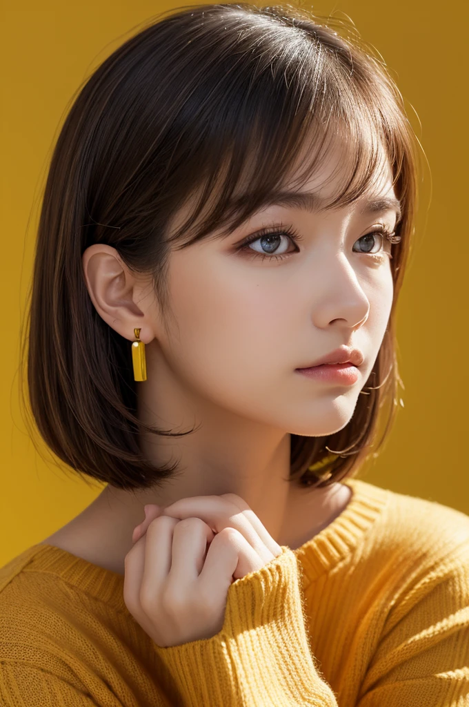 Create a highly detailed portrait of a young woman with long, straight blonde hair, set against a bright yellow background. The woman has large, expressive amber eyes with subtle, natural makeup. She wears a black and yellow sweater, with her hand resting gently against her cheek, creating a thoughtful and slightly pensive expression. Her ears are adorned with multiple piercings, adding a touch of edginess to her look. The overall composition is clean and minimalistic, with the vibrant yellow background enhancing the contrast and drawing attention to the subject’s delicate features. The lighting is soft, casting gentle shadows that add depth and dimension to the portrait.