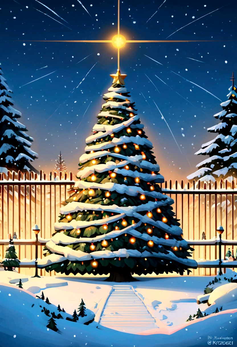 snowy scene with a Christmas tree and a fence in the foreground, The art of math by Krzysztof Boguszewski, shutter, The art of math, Christmas tree, Surrealism, holiday, Snowy winter Christmas Eve, A beautiful tree, Bright light,Full of winter atmosphere, Light Snow, 4 0 9 6, The background is a tree with golden light in the sky. There are two children meditating under the tree.