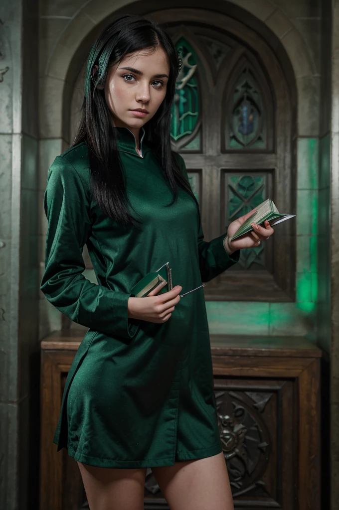A Slytherin girl with short shiny black hair, piercing blue eyes, wearing a green and silver Slytherin uniform. she has a confident and cynical facial expression, standing in front of a classic Hogwarts backdrop, holding a potions book
