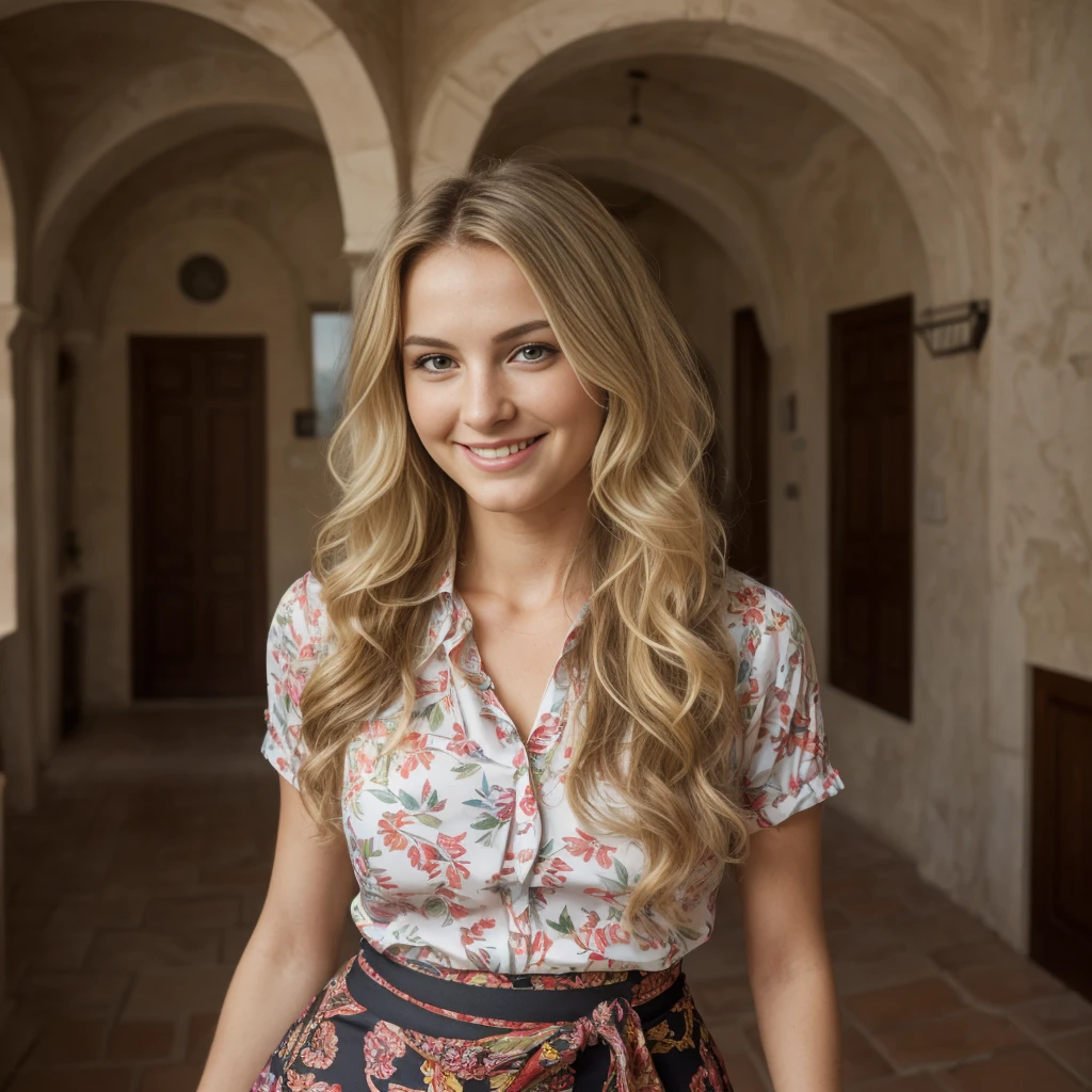 1 girl, solo, ((ugly:1.4)), ((Croatian woman)), sharp image, name is Sauri, (25 years old), (((consistent face and image))), (long blonde wavy hair), (((Croatian face and nose))), (upper body and upper legs)), (slim), (wearing printed blouse and skirt), (overlooking inside Tuscan Villa), smiling, ((mature and smirking)), ((wide angle shot)), slender
