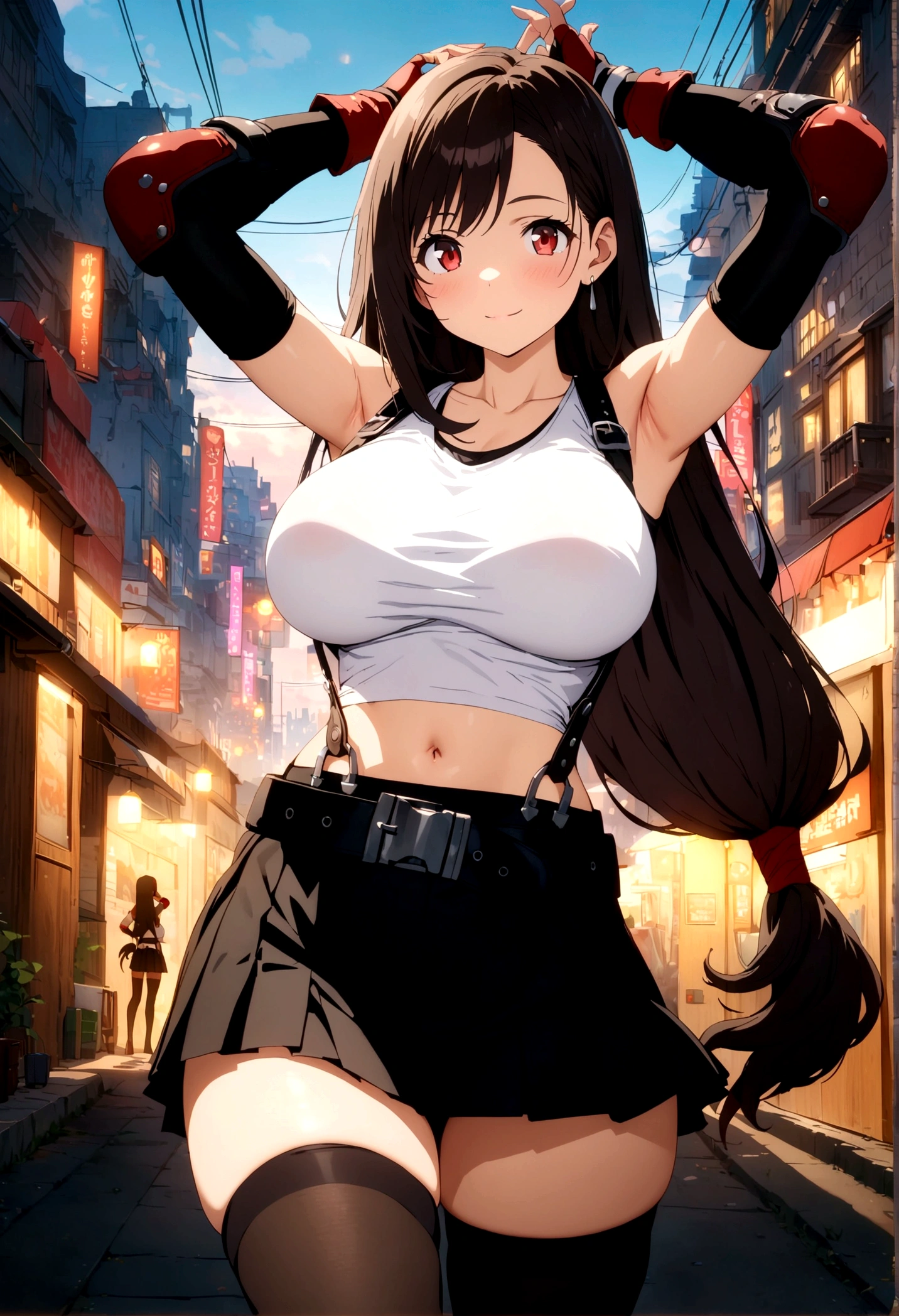 score_9, score_8_up, score_7_up,4k, ,BREAK , from front,breast focus,standing,straight-on,(arms up,arms behind back,stretch),,(medium shot),looking_at_viewer ,1girl, tifa lockhart, final fantasy, tareme,black hair, low-tied long hair, red eyes, bangs, white tank top, belt, pleated skirt, thighhighs, elbow fingerless gloves, elbow pads, midriff, navel,suspender skirt ,big_breasts,(light smile),Curvy waist ,Solo,,(midnight and beachside and city),Toned,,detailed skin,(best quality),(aesthetic,very aesthetic),masterpiece, highres,4k,(ultra-detailed:1.4) (illustration:0.4), (ray tracing,:0.7),(anime colored:0.7),(ai-generated:0.5), (anime screencap:0.8),