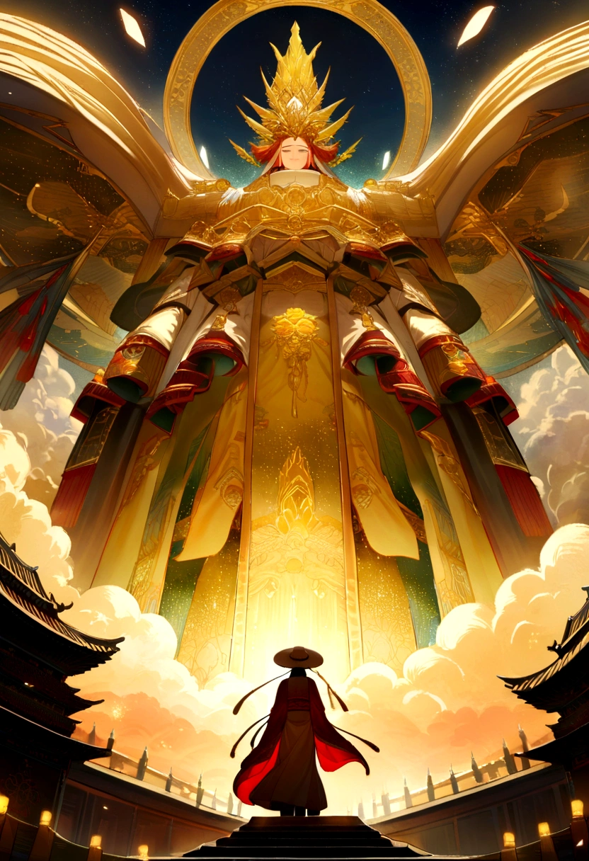 a vivid scene set in the heavenly realm where the Jade Emperor, dressed in ornate imperial robes with intricate golden embroidery, meets a humble young farmer. The Jade Emperor stands in front of a majestic celestial palace with golden spires and shimmering clouds, exuding an aura of divine authority and benevolence. The young farmer, wearing simple traditional clothing and holding a straw hat, looks up in awe and respect. Surround them with ethereal elements such as floating lanterns, mythical creatures like dragons and phoenixes, and vibrant celestial flora. The sky should be filled with a soft, golden light, symbolizing the divine presence and the sacred nature of the encounter