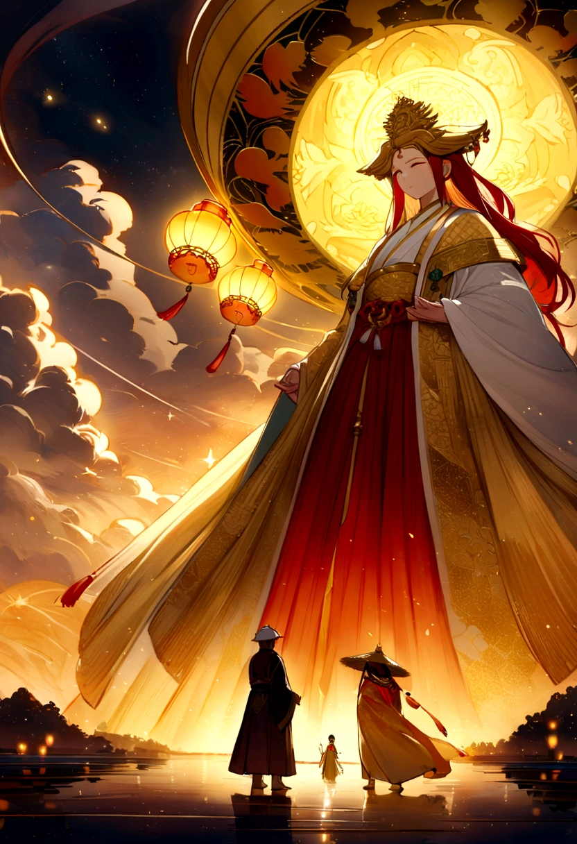  a vivid scene set in the heavenly realm where the Jade Emperor, dressed in ornate imperial robes with intricate golden embroidery, meets a humble young farmer. The Jade Emperor stands in front of a majestic celestial palace with golden spires and shimmering clouds, exuding an aura of divine authority and benevolence. The young farmer, wearing simple traditional clothing and holding a straw hat, looks up in awe and respect. Surround them with ethereal elements such as floating lanterns, mythical creatures like dragons and phoenixes, and vibrant celestial flora. The sky should be filled with a soft, golden light, symbolizing the divine presence and the sacred nature of the encounter