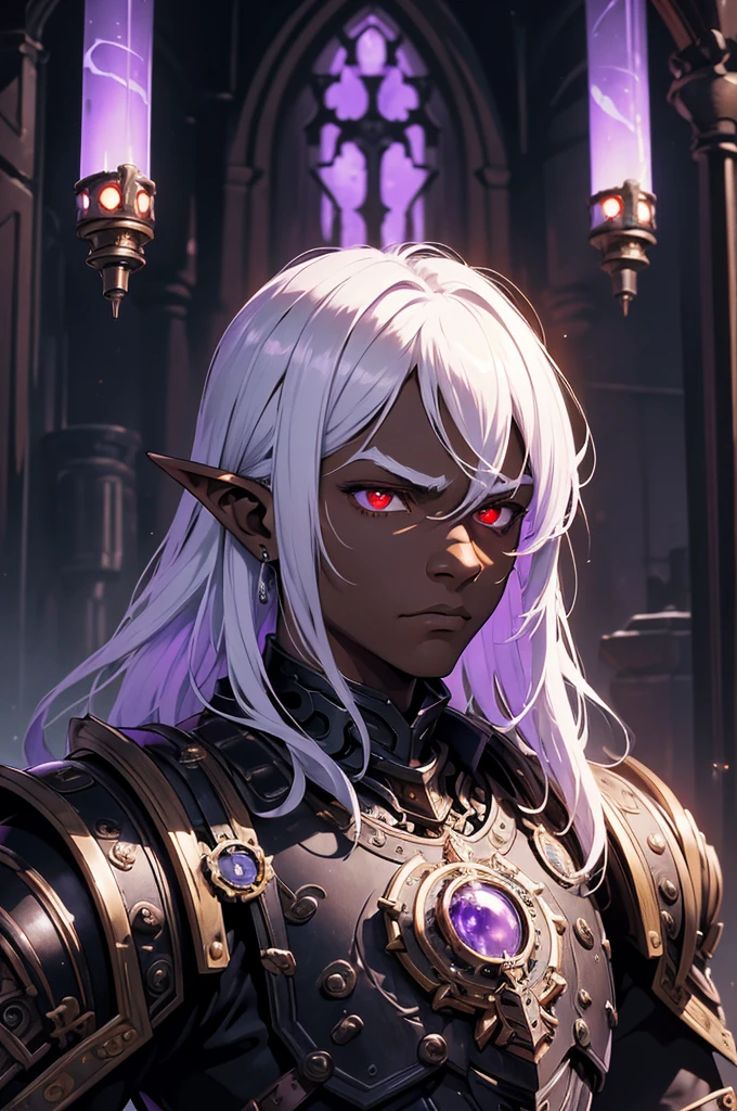 masterpiece, best quality, ultra high res, dark theme, 1boy, (dungeonpunk armor), (mechanical steampunk armor), (wearing armor)fantasy illustration, dark skinned, human, upper body, portrait, red eyes, long white hair, half-drow, pointy ears, serious face, young man, dramatic lighting, purple hue, art by Kinema Citrus