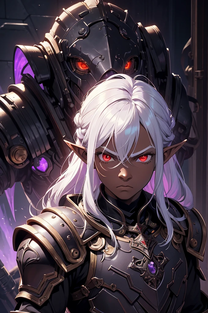 masterpiece, best quality, ultra high res, dark theme, 1boy, (dungeonpunk armor), (mechanical steampunk armor), (wearing armor)fantasy illustration, dark skinned, human, upper body, portrait, red eyes, long white hair, half-drow, pointy ears, serious face, young man, dramatic lighting, purple hue, art by Kinema Citrus