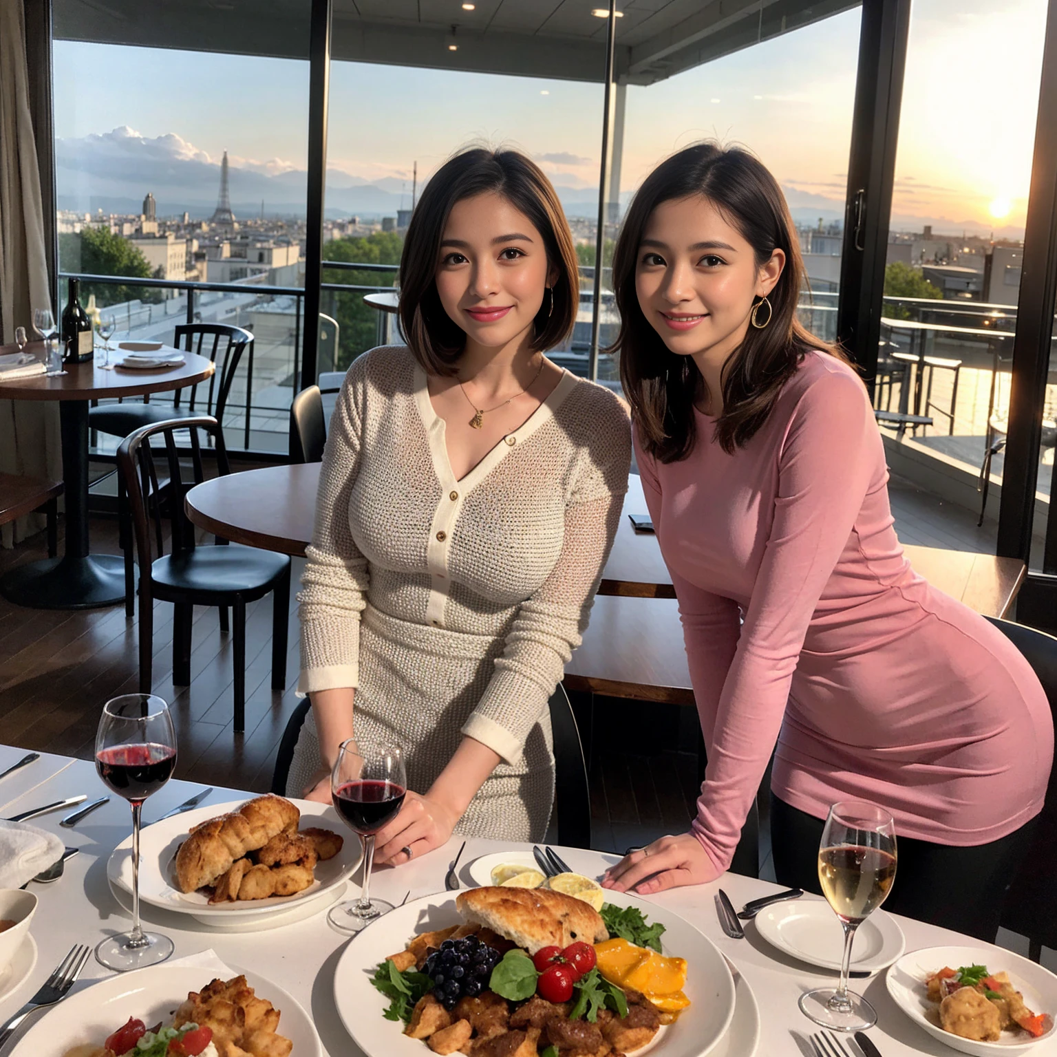 ((Highest quality、8K、masterpiece:1.3))、 (Ultra-realistic、 Genuine、Bright image、Intricate details:1.2), 最高のsmile、1 male 1 female、Beautiful couple、love love love、Lovers in Paris、Good friends、actress couple、smile、Full-course dinner at a packed table、 (Slim face), (the body is slim), (Brown Hair), (short hair), テーブルのwine glass、Please shine a light on my face、 Amazing view of the sunset sky and clouds、35 years old 39 years old, red wine 、Appetizers、Wine bottle、sparkling wine、Long sleeve shirt、dress、White wine, red wine, wine glass, 