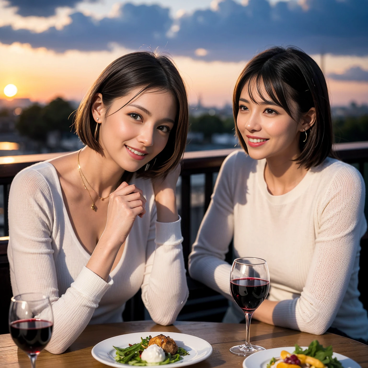 ((Highest quality、8K、masterpiece:1.3))、 (Ultra-realistic、 Genuine、Bright image、Intricate details:1.2), 最高のsmile、1 male 1 female、Beautiful couple、love love love、Lovers in Paris、Good friends、actress couple、smile、Full-course dinner at a packed table、 (Slim face), (the body is slim), (Brown Hair), (short hair), テーブルのwine glass、Please shine a light on my face、 Amazing view of the sunset sky and clouds、35 years old 39 years old, red wine 、Appetizers、Wine bottle、sparkling wine、Long sleeve shirt、dress、White wine, red wine, wine glass, 