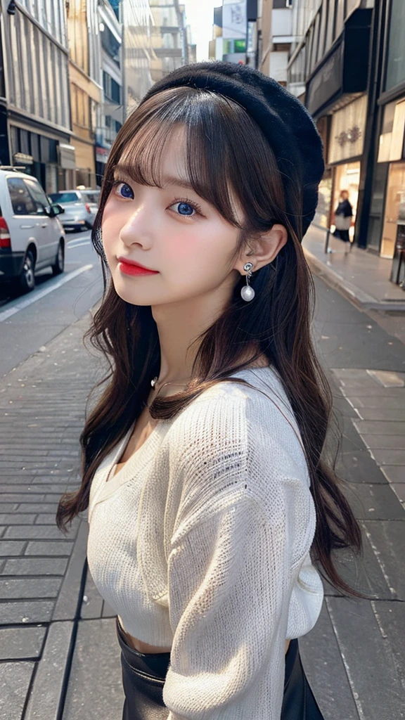 （３２hair,High resolution,High detail,High resolution,high density,alone,In addition：1.3）,（A realistic person々,Live Action,fine grain,High resolutionの目,Beautiful Eyes,Eyes that look alive,Beautiful dark blue eyes,Fishing eyes,Detailed lips,Translucent white skin,Realistic face in every detail：1.3）,（Japanese Ido,hairorean Idols,Japanese Model,hairorean models,hairorean hair-Pop Female Idols：1.2）,（Blushing,Natural Makeup,necklace,Earrings,へそEarrings：1.4）（Shorts、Oversized mesh cardigan、Leather boots,hairnitted hats,Mode Style, Beautiful casual look：1.6）,（Shapely breasts：1.5）,（Young but very beautiful hairorean１6 years old ,Cool eyes,Laugh a little,turn around,looked back,Looking into the camera,Fashion Leader,Fashion Model,Soft Skin,Unforgettable Eyes,Her eyes are so beautiful,I want to go to the Paris Collection.........,Cutting-edge fashion：1.6、Left eye is red、Right eye blue、Face close-up