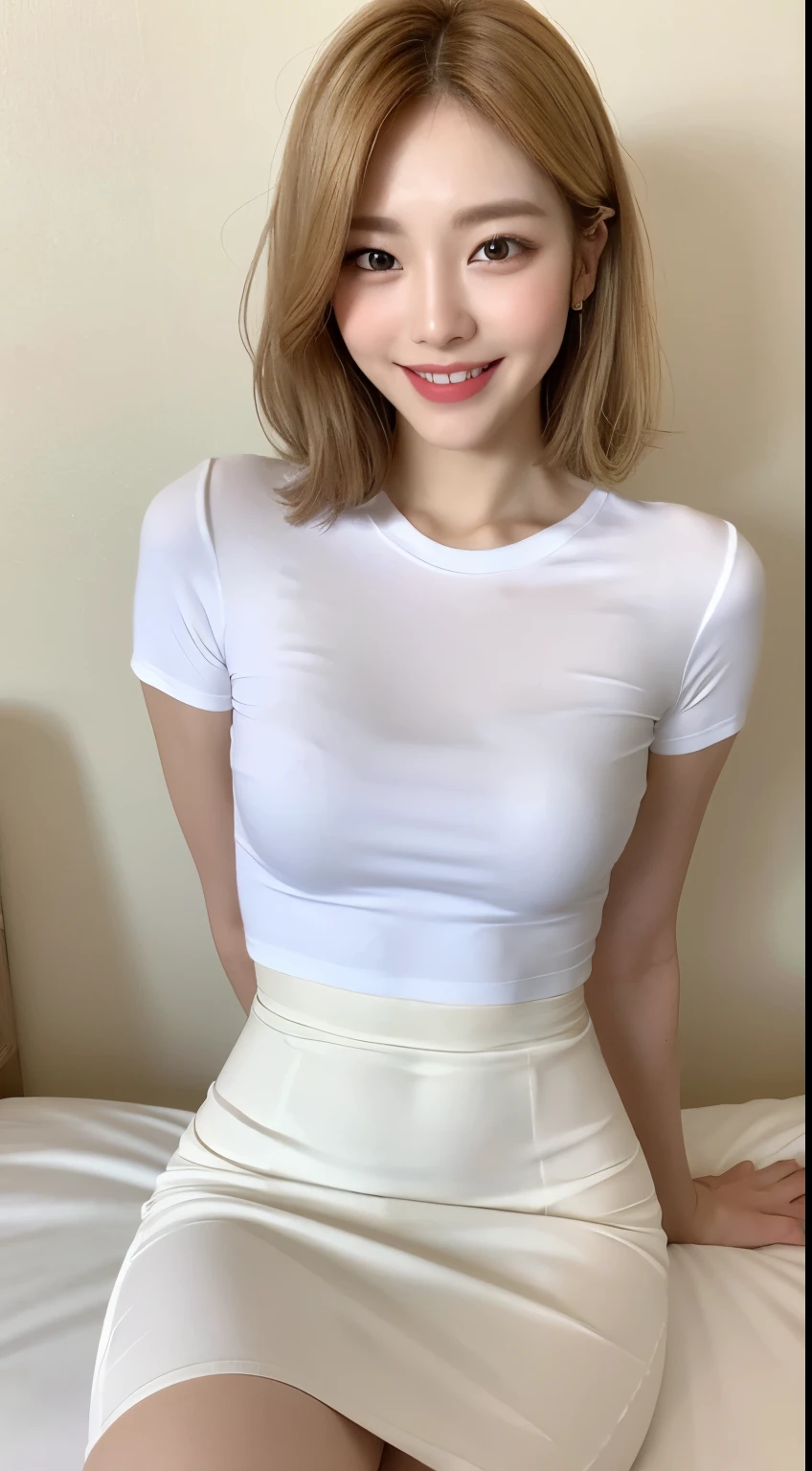 White tight skinny shirt、White tight mini skinny skirt、bed、smile、Short sleeve、high resolution、Korean idol face、double eyelid、White teeth、Medium Hair