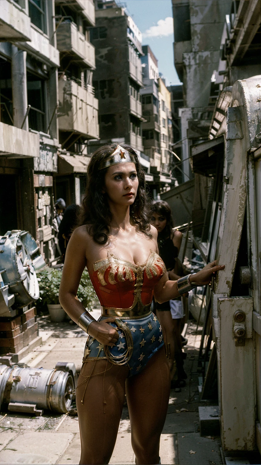 Masterpiece, Best quality, (Solo), (1girl), (photorealistic1.4), (epiCRealLife:1.0), (large breast), (cleave), (European model),, (j4nu4ryj0n3s). (Wonderwoman768 ), (lynda-carter-ww-costume), (black hair), (blue eyes), (earring), (demure), (bodysuit),, (tiara), ((armored bands), (red lipstick), , (spotlight), (daytime), (daytlight), (natural light), (on New York Street), (alleyway),