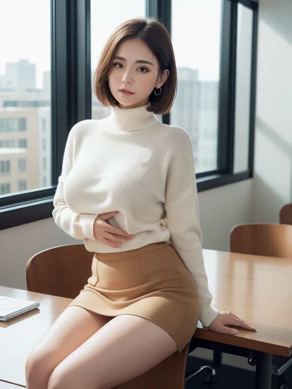 ((masterpiece))、((top-quality))、a picture、Realisticity、high-level image quality、Advanced depth of field、ultra-detailliert、Realistic lighting、((mid night))、((meeting room))、((Facing out a large window))、((Put your hand on the window、sticking out the buttocks))、Realistic background、married woman、age 40s、Delicate facial features、Plump body、Sweating、large full breasts、White High Neck Sweater、Beige short miniskirt、no-bra、short-hair、((Composition overlooking the entire conference room))、((Not looking at the viewer))、Show legs, Show thighs, (Open legs),